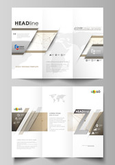 Tri-fold brochure business templates on both sides. Abstract vector layout in flat design. Technology, science, medical concept. Golden dots and lines, cybernetic digital style. Lines plexus.
