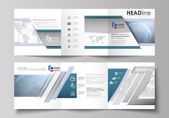 The minimalistic vector illustration of the editable layout. Two modern creative covers design templates for square brochure or flyer. World globe on blue. Global network connections, lines and dots.
