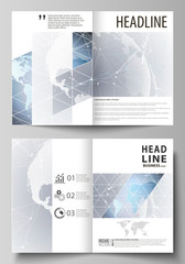 The vector illustration of the editable layout of two A4 format modern cover mockups design templates for brochure, flyer, booklet. Technology concept. Molecule structure, connecting background.
