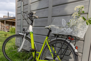 Fototapeta na wymiar Beautiful green bicycle with flower basket