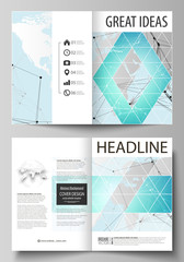 The vector illustration of the editable layout of two A4 format modern cover mockups design templates for brochure, magazine, flyer. Futuristic high tech background, dig data technology concept.