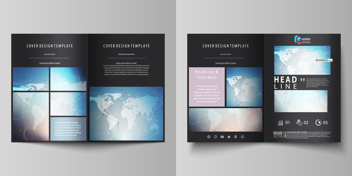 Black colored vector illustration of editable layout of two A4 format modern covers design templates for brochure, flyer, booklet. Polygonal geometric linear texture. Global network, dig data concept.