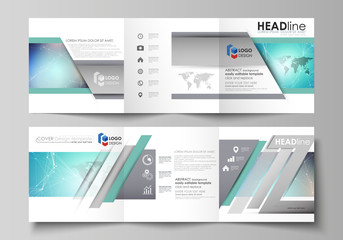 The minimalistic vector illustration of the editable layout. Two modern creative covers design templates for square brochure or flyer. Molecule structure, connecting lines and dots. Technology concept