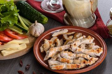 Shaurma ingredients composition on wooden background