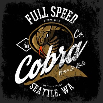Vintage American furious cobra bikers club tee print vector design isolated on black background.  Premium quality wild snake superior logo concept illustration.