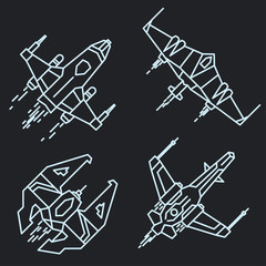 Spaceship outline, linear flying rocket vector