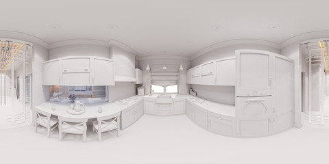 3d illustration of the kitchen interior design in Scandinavian classical style. Interior without textures and materials. Visualization 360 degree spherical seamless panorama for virtual reality. 
