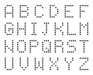 Star alphabet, font set, black isolated on white background, vector illustration.