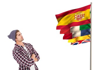 main language flags near young man with hat