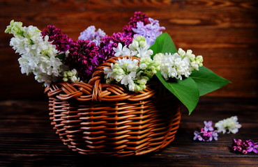 букет сирени в плетеной корзине