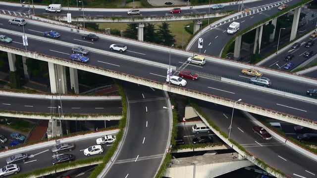 Aerial View of freeway busy city rush hour heavy traffic jam highway,shanghai Yan'an East Road Overpass interchange.