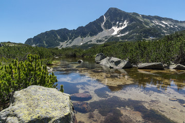 Fototapeta na wymiar Landscape with Reflection of Sivrya peak in Banski lakes, Pirin Mountain, Bulgaria