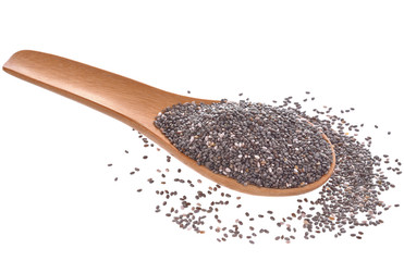 chia seeds in a wooden spoon on white background