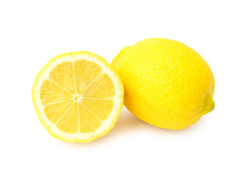 Closeup fresh lemon fruit slice on white background with clipping path