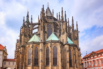 Fototapeta na wymiar St. Vitus Cathedral in Prague, This is an excellent example of Gothic architecture and is the biggest and most important church in the Czech country