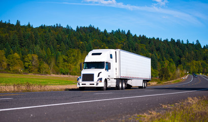White popular luxe semi truck trailer on scenic highway