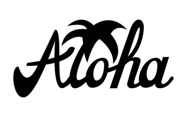Aloha logo, Lettering inscription with palm tree illustration for t-shirt and other uses © NatliyaDesigner
