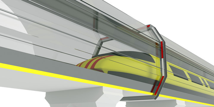 Futuristic electric train swiftly moves in a glass tunnel, 3d render, 3d illustration