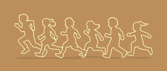 Little boy and girl running, Group of Children running, play together outline graphic vector