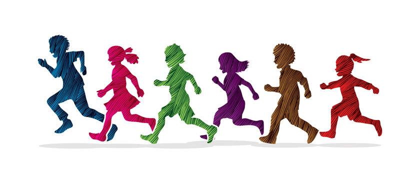 Little boy and girl running, Group of Children running, play together designed using colorful grunge brush graphic vector