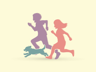 Fototapeta na wymiar Little boy and girl running together with puppy dog graphic vector