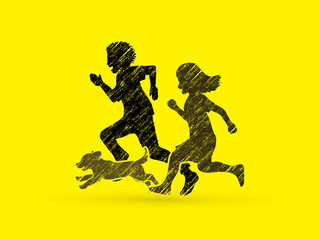 Fototapeta na wymiar Little boy and girl running together with puppy dog designed using black grunge texture graphic vector