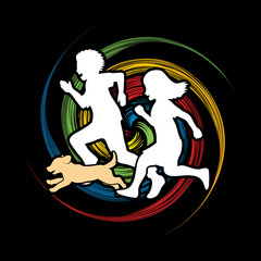 Fototapeta na wymiar Little boy and girl running together with puppy dog on spin wheel background graphic vector