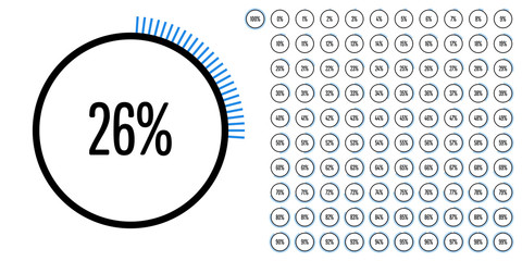 Set of circle percentage diagrams from 0 to 100 ready-to-use for web design, user interface (UI) or infographic - indicator with blue