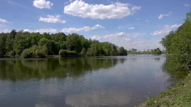 Beautiful pond in the park. Sredniy Tsaritsynskiy prud. Tsaritsyno Park, Moscow, Russia. 4k rela time video