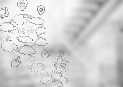 Blurry grey stairs with cloud doodles