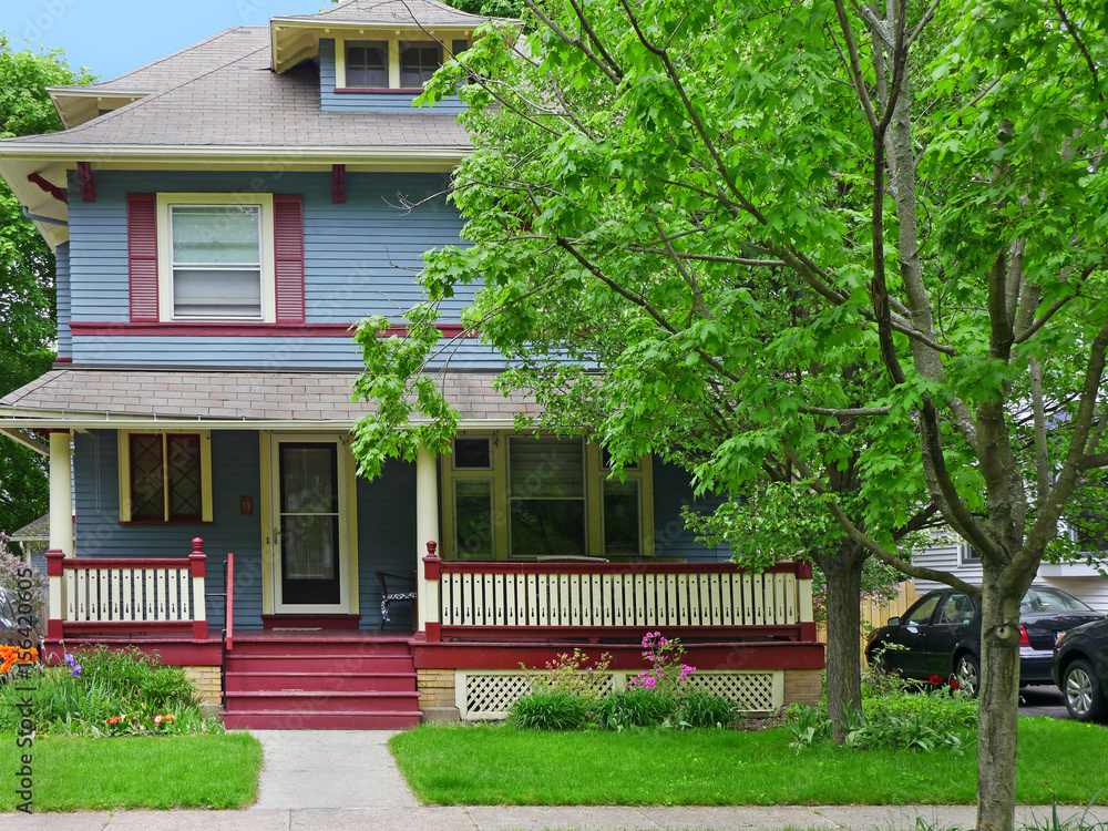 Poster suburban middle class american house with large porch