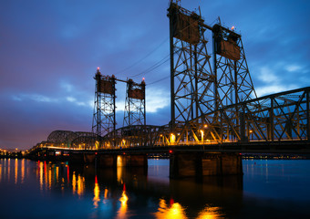 Spectacular Beautiful evening landscape with bridge and reflecting lights Columbia river