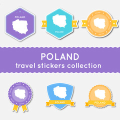 Fototapeta premium Poland travel stickers collection. Big set of stickers with country map and name. Flat material style badges vector illustration.