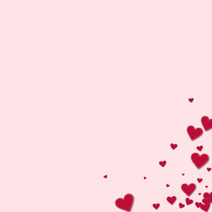Red stitched paper hearts. Messy bottom right corner on light pink background. Vector illustration.