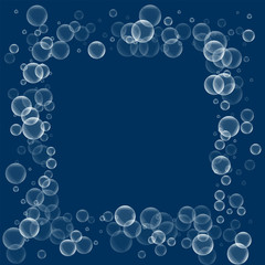 Random soap bubbles. Square messy frame with random soap bubbles on deep blue background. Vector illustration.