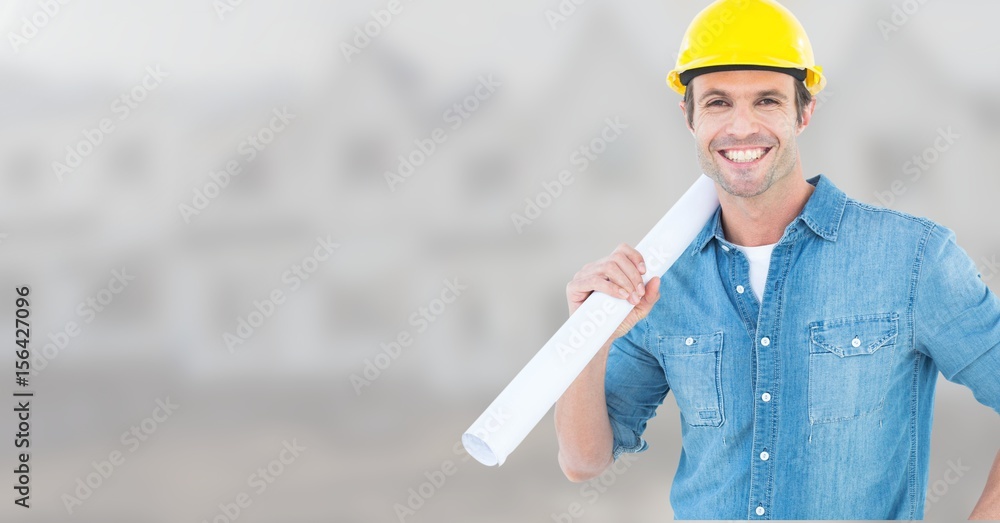 Poster architect with blueprints on building site