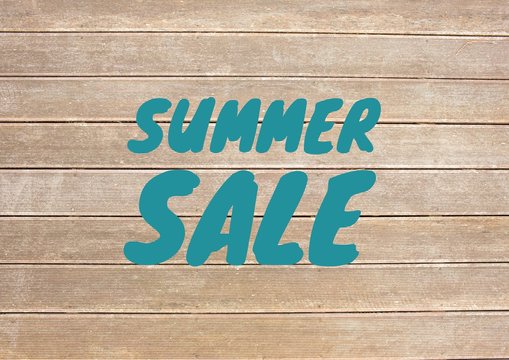 Blue summer sale text against decking