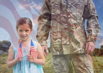 soldier and daughter overlap with usa flag