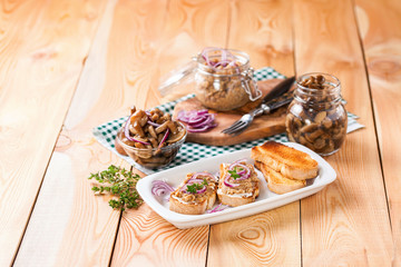 Bruschetta with mushroom caviar. Mushrooms. Selective focus. Copy space for text