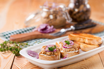 Bruschetta with mushroom caviar. Mushrooms. Selective focus. Copy space for text