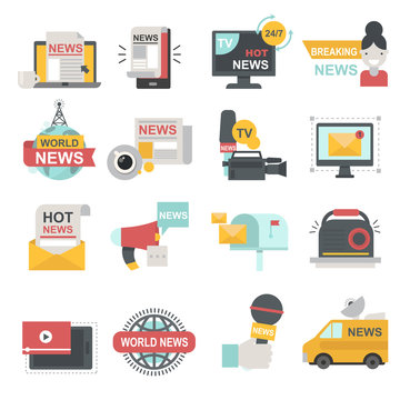 Mass media icons set with telecommunications radio beaking news broadcast TV or website symbols flat isolated vector illustration