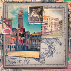 Old fashioned postcards and stamps of the Venice city