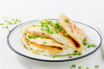 Delicious pancakes with curd and fresh chive