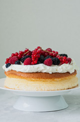 Close up of fluffy Japanese cotton cheesecake with wipped cream cheese frosting and garnished with forest berries served on a plate over white background.
