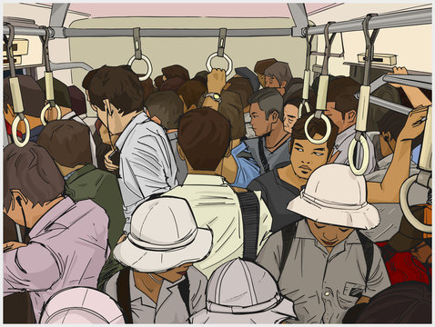 Illustration Of Crowded Commuter Train