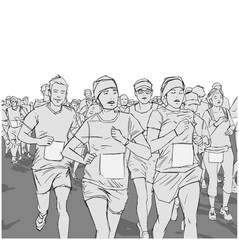 Illustration of cheerful crowd running marathon with blank signs
