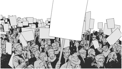 Illustration of protesting crowd with blank signs and banners - obrazy, fototapety, plakaty