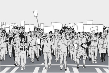 Illustration of peaceful crowd protest with blank signs in high detail - obrazy, fototapety, plakaty