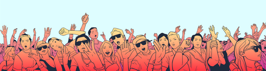 Illustration of festival crowd having fun at concert in panorama