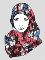 Illustration of muslim girl wearing united kingdom flag as scarf with texture of demonstrating crowd